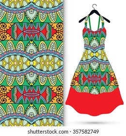 Vector fashion illustration. Women's dress on a hanger and seamless fabric pattern with repeating floral geometric texture. Hand drawn isolated elements for scrapbook, invitations or cards design.