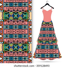 Vector fashion illustration. Women's dress on a hanger and seamless fabric pattern with repeating floral geometric texture. Hand drawn isolated elements for scrapbook, invitations or cards design.