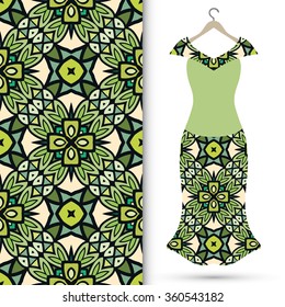 Vector fashion illustration. Women's dress on a hanger and seamless fabric pattern with repeating floral geometric texture. Hand drawn isolated elements for scrapbook, invitations or cards design.