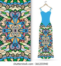 Vector fashion illustration. Women's dress on a hanger and seamless fabric pattern with repeating floral geometric texture. Hand drawn isolated elements for scrapbook, invitations or cards design.