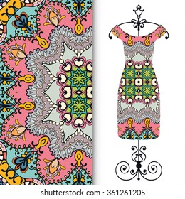 Vector fashion illustration. Women's dress on a hanger and seamless fabric pattern with repeating floral geometric texture. Hand drawn isolated elements for scrapbook, invitations or cards design.
