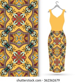 Vector fashion illustration. Women's dress on a hanger and seamless fabric pattern with repeating floral geometric texture. Hand drawn isolated elements for scrapbook, invitations or cards design.