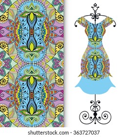 Vector fashion illustration. Women's dress on a hanger and seamless fabric pattern with repeating floral geometric texture. Hand drawn isolated elements for scrapbook, invitations or cards design.