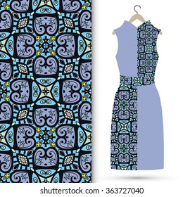 Vector fashion illustration. Women's dress on a hanger and seamless fabric pattern with repeating floral geometric texture. Hand drawn isolated elements for scrapbook, invitations or cards design.