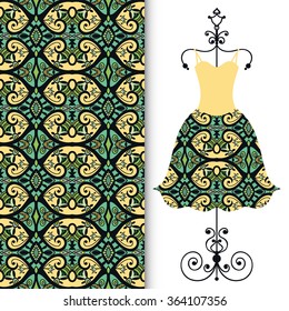 Vector fashion illustration. Women's dress on a hanger and seamless fabric pattern with repeating floral geometric texture. Hand drawn isolated elements for scrapbook, invitations or cards design.