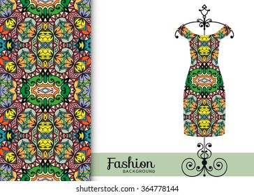 Vector fashion illustration. Women's dress on a hanger and seamless fabric pattern with repeating floral geometric texture. Hand drawn isolated elements for scrapbook, invitations or cards design.