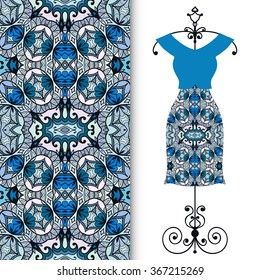 Vector fashion illustration. Women's dress on a hanger and seamless fabric pattern with repeating floral geometric texture. Hand drawn isolated elements for scrapbook, invitations or cards design.