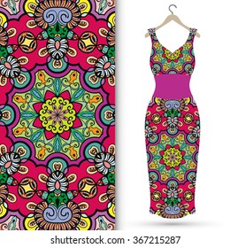 Vector fashion illustration. Women's dress on a hanger and seamless fabric pattern with repeating floral geometric texture. Hand drawn isolated elements for scrapbook, invitations or cards design.