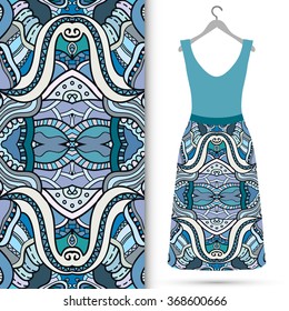 Vector fashion illustration. Women's dress on a hanger and seamless fabric pattern with repeating floral geometric texture. Hand drawn isolated elements for scrapbook, invitations or cards design.