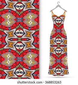 Vector fashion illustration. Women's dress on a hanger and seamless fabric pattern with repeating floral geometric texture. Hand drawn isolated elements for scrapbook, invitations or cards design.