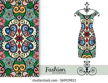 Vector fashion illustration. Women's dress on a hanger and seamless fabric pattern with repeating floral geometric texture. Hand drawn isolated elements for scrapbook, invitations or cards design.