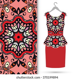 Vector fashion illustration. Women's dress on a hanger and seamless fabric pattern with repeating floral geometric texture. Hand drawn isolated elements for scrapbook, invitations or cards design.