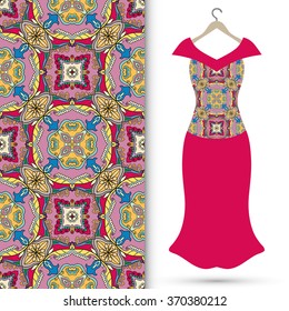 Vector fashion illustration. Women's dress on a hanger and seamless fabric pattern with repeating floral geometric texture. Hand drawn isolated elements for scrapbook, invitations or cards design.