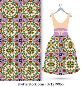 Vector fashion illustration. Women's dress on a hanger and seamless fabric pattern with repeating floral geometric texture. Hand drawn isolated elements for scrapbook, invitations or cards design.