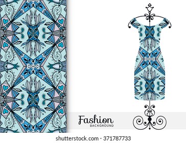 Vector fashion illustration. Women's dress on a hanger and seamless fabric pattern with repeating floral geometric texture. Hand drawn isolated elements for scrapbook, invitations or cards design.