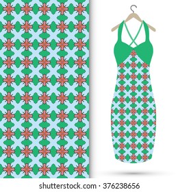 Vector fashion illustration. Women's dress on a hanger and seamless geometric pattern with repeating texture. Isolated element for fabric print, scrapbook or invitation cards design.