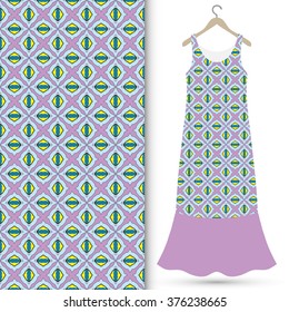 Vector fashion illustration. Women's dress on a hanger and seamless geometric pattern with repeating texture. Isolated element for fabric print, scrapbook or invitation cards design.