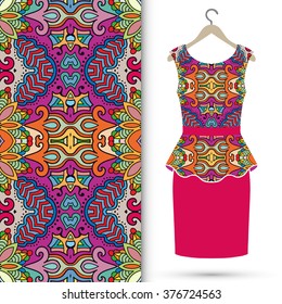 Vector fashion illustration. Women's dress on a hanger and seamless floral geometric pattern with hand drawn repeating texture. Isolated element for fabric print, scrapbook or invitation cards design.