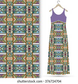 Vector fashion illustration. Women's dress on a hanger and seamless floral geometric pattern with hand drawn repeating texture. Isolated element for fabric print, scrapbook or invitation cards design.