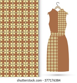 Vector fashion illustration. Women's dress on a hanger and seamless geometric pattern with repeating texture. Isolated element for fabric print, scrapbook or invitation cards design.