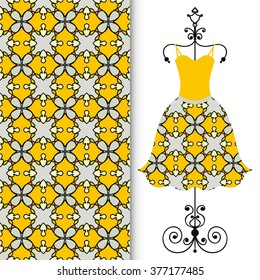 Vector fashion illustration. Women's dress on a hanger and seamless geometric pattern with repeating texture. Isolated element for fabric print, scrapbook or invitation cards design.