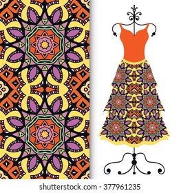 Vector fashion illustration. Women's dress on a hanger and seamless floral geometric pattern with hand drawn repeating texture. Isolated element for fabric print, scrapbook or invitation cards design.