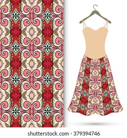 Vector fashion illustration. Women's dress on a hanger and seamless floral geometric pattern with hand drawn repeating texture. Isolated element for fabric print, scrapbook or invitation cards design.