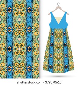 Vector fashion illustration. Women's dress on a hanger and seamless floral geometric pattern with hand drawn repeating texture. Isolated element for fabric print, scrapbook or invitation cards design.