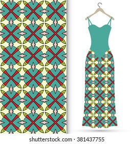 Vector fashion illustration. Women's dress on a hanger and seamless floral geometric pattern with hand drawn repeating texture. Isolated element for fabric print, scrapbook or invitation cards design.