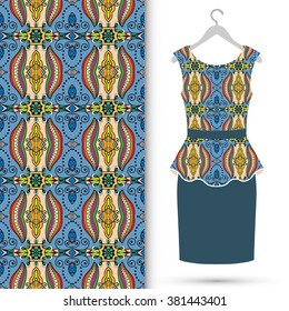 Vector fashion illustration. Women's dress on a hanger and seamless floral geometric pattern with hand drawn repeating texture. Isolated element for fabric print, scrapbook or invitation cards design.