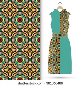 Vector fashion illustration. Women's dress on a hanger and seamless floral geometric pattern with hand drawn repeating texture. Isolated element for fabric print, scrapbook or invitation cards design.