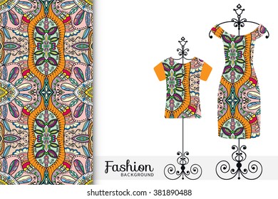 Vector fashion illustration. Women's dress and t-shirt on a hanger with seamless floral geometric pattern, fabric texture. Isolated element for fabric print, scrapbook or invitation cards design.