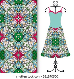 Vector fashion illustration. Women's dress on a hanger and seamless floral geometric pattern with hand drawn repeating texture. Isolated element for fabric print, scrapbook or invitation cards design.