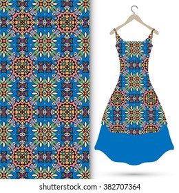Vector fashion illustration. Women's dress on a hanger and seamless floral geometric pattern with hand drawn repeating texture. Isolated element for fabric print, scrapbook or invitation cards design.