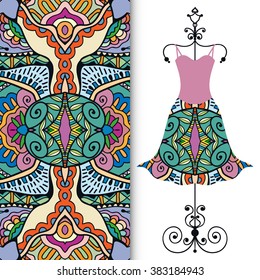 Vector fashion illustration. Women's dress on a hanger and seamless floral geometric pattern with hand drawn repeating texture. Isolated element for fabric print, scrapbook or invitation cards design.
