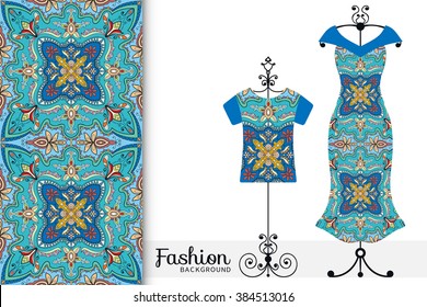 Vector fashion illustration. Women's dress and t-shirt on a hanger with seamless geometric pattern. Isolated elements for fabric print, scrapbook or invitation cards design.