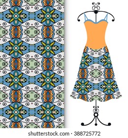 Vector fashion illustration. Women's dress on a hanger and seamless floral geometric pattern with hand drawn repeating texture. Isolated element for fabric print, scrapbook or invitation cards design.