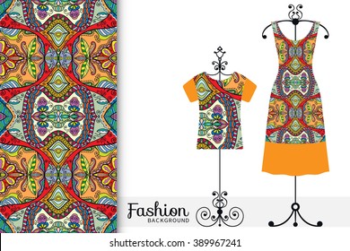 Vector fashion illustration. Women's dress and t-shirt on a hanger with seamless geometric pattern. Isolated elements for fabric print, scrapbook or invitation cards design.