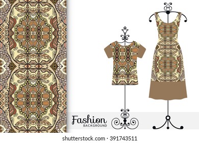 Vector fashion illustration. Women's dress and t-shirt on a hanger with seamless geometric pattern. Isolated elements for fabric print, scrapbook or invitation cards design.