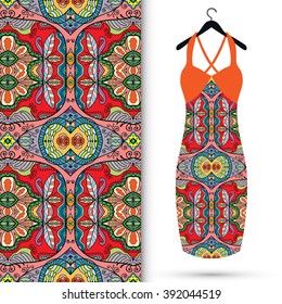 Vector fashion illustration. Women's dress on a hanger and seamless floral geometric pattern with hand drawn repeating texture. Isolated element for fabric print, scrapbook or invitation cards design.