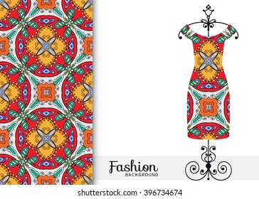 Vector fashion illustration. Women's dress on a hanger and seamless floral geometric pattern with hand drawn repeating texture. Isolated element for fabric print, scrapbook or invitation cards design.