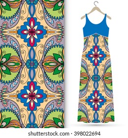 Vector fashion illustration. Women's dress on a hanger and seamless floral geometric pattern with hand drawn repeating texture. Isolated element for fabric print, scrapbook or invitation cards design.