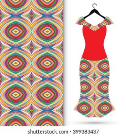 Vector fashion illustration. Women's dress on a hanger and seamless floral geometric pattern with hand drawn repeating texture. Isolated element for fabric print, scrapbook or invitation cards design.