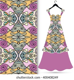 Vector fashion illustration. Women's dress on a hanger and seamless floral geometric pattern with hand drawn repeating texture. Isolated element for fabric print, scrapbook or invitation cards design.