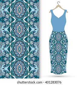 Vector fashion illustration. Women's dress on a hanger and seamless floral geometric pattern with hand drawn repeating texture. Isolated element for fabric print, scrapbook or invitation cards design.