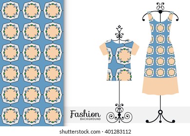 Vector fashion illustration. Women's dress and t-shirt on a hanger with seamless geometric pattern. Isolated elements for fabric print, scrapbook or invitation cards design.