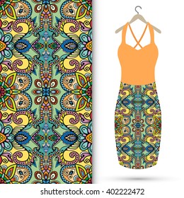 Vector fashion illustration. Women's dress on a hanger and seamless floral geometric pattern with hand drawn repeating texture. Isolated element for fabric print, scrapbook or invitation cards design.