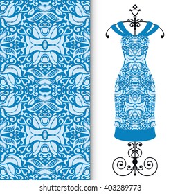 Vector fashion illustration. Women's dress on a hanger and seamless floral geometric pattern with hand drawn repeating texture. Isolated element for fabric print, scrapbook or invitation cards design.