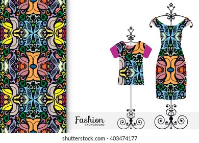 Vector fashion illustration. Women's dress and t-shirt on a hanger with seamless geometric pattern. Isolated elements for fabric print, scrapbook or invitation cards design.