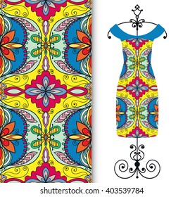 Vector fashion illustration. Women's dress on a hanger and seamless floral geometric pattern with hand drawn repeating texture. Isolated element for fabric print, scrapbook or invitation cards design.